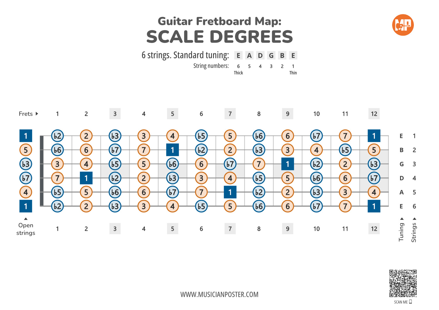 Guitar Fretboard Printable PDF Chart With Scale Degrees