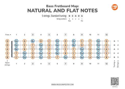 5-String Bass Guitar Printable Fretboard Map With All Notes
