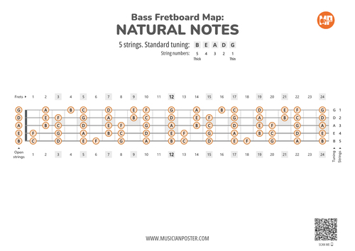 5-String Bass Guitar Fretboard Map PDF With Natural Notes