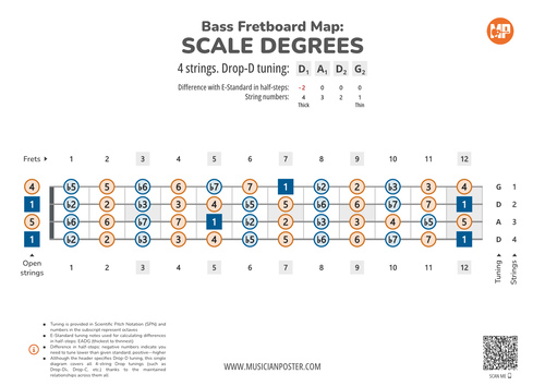 Bass Guitar Fretboard Map With Scale Degrees In Drop Tuning