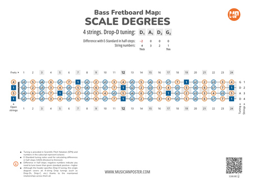 Bass Fretboard Map PDF With Scale Degrees In Drop Tuning