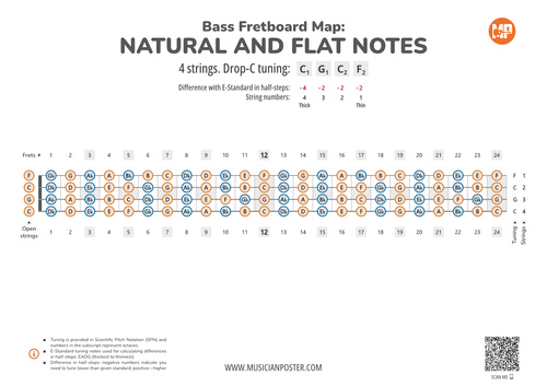 Bass Guitar Fretboard Map PDF With All Notes In Drop-C