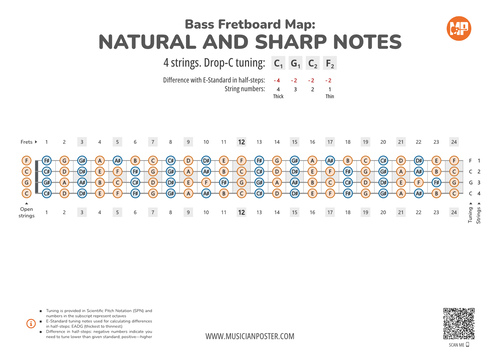 Bass Guitar Fretboard Map PDF With All Notes In Drop-C