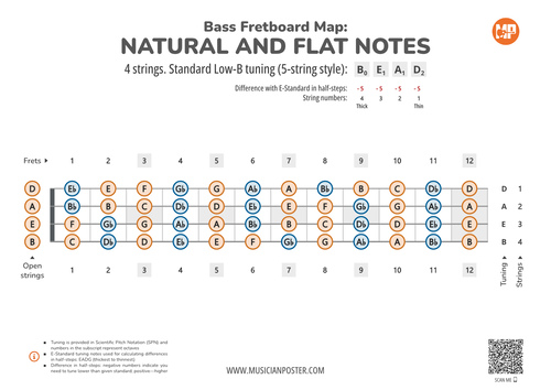 Bass Guitar Fretboard Map PDF With All Notes In BEAD Tuning