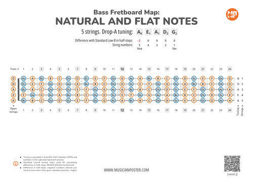 5-String Bass Fretboard Map With All Notes In Drop-A Tuning
