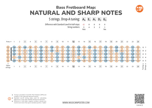 5-String Bass Fretboard Map With All Notes In Drop-A Tuning