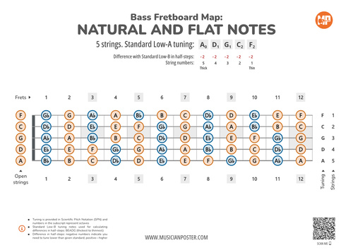 5-String Bass Neck Map With All Notes In A-Standard Tuning