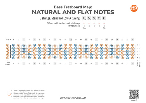 5-String Bass Neck Map With All Notes In A-Standard Tuning