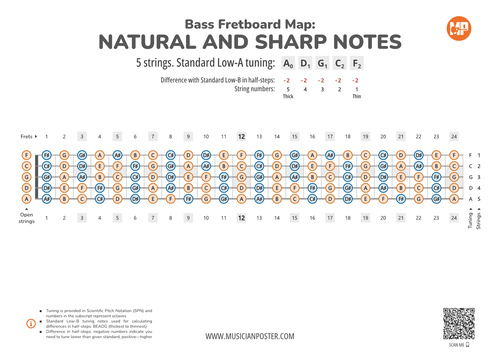 5-String Bass Neck Map With All Notes In A-Standard Tuning