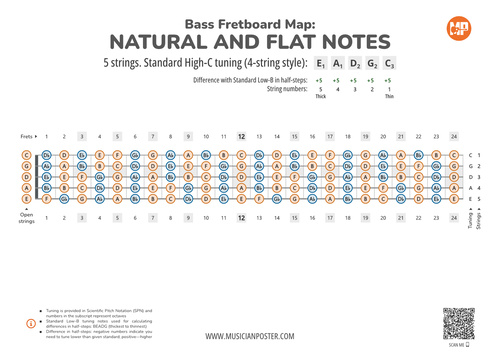 5-String Bass Neck With All Notes In Standard High-C Tuning