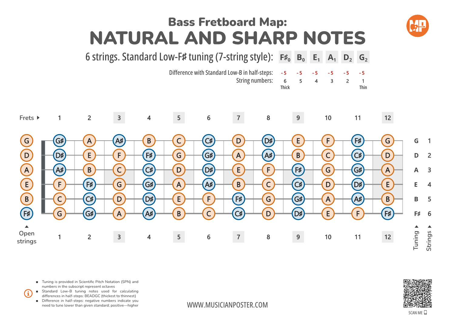 6 String Bass Neck Map With All Notes In F Standard Tuning