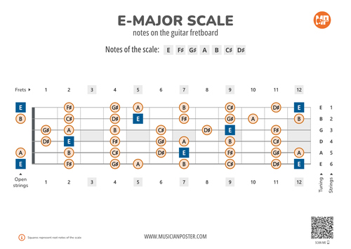 E-Major Scale Notes on the Guitar Fretboard PDF Diagram