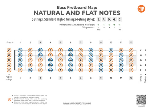Bass Guitar Fretboard Note Maps & Intervals (PDF eBook)