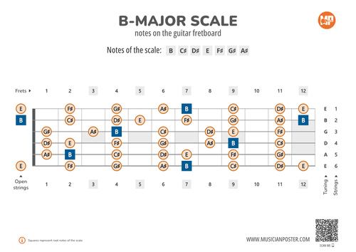 B-Major Scale Notes on the Guitar Fretboard PDF Diagram