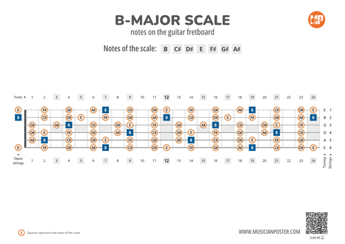 B-Major Scale Notes on the Guitar Fretboard PDF Diagram