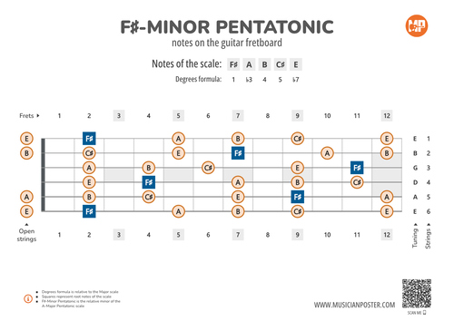 F#-Minor Pentatonic Notes on the Guitar Fretboard Diagram