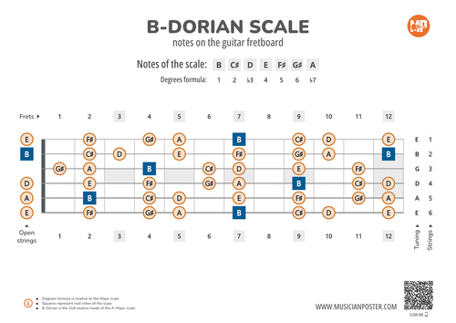 B-Dorian Scale Notes on the Guitar Fretboard PDF Diagram