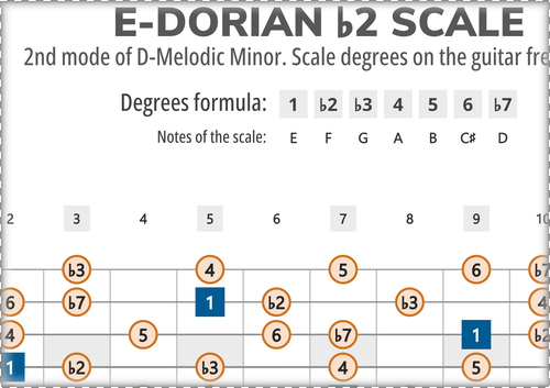 E-Dorian b2 Scale Degrees on the Guitar Fretboard