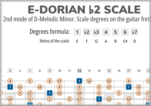 E-Dorian b2 Scale Degrees on the Guitar Fretboard