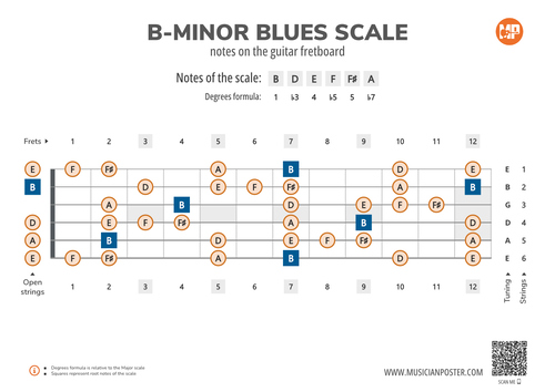 B-Minor Blues Scale Notes on the Guitar Fretboard