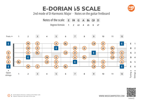 E-Dorian b5 Scale Notes on the Guitar Fretboard