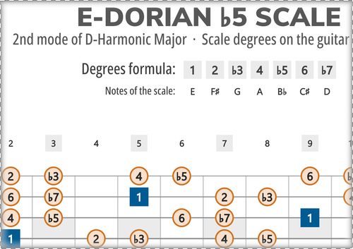 E-Dorian b5 Scale Degrees on the Guitar Fretboard